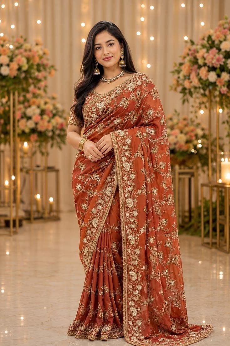 Heavy work bridal saree with gold embroidery